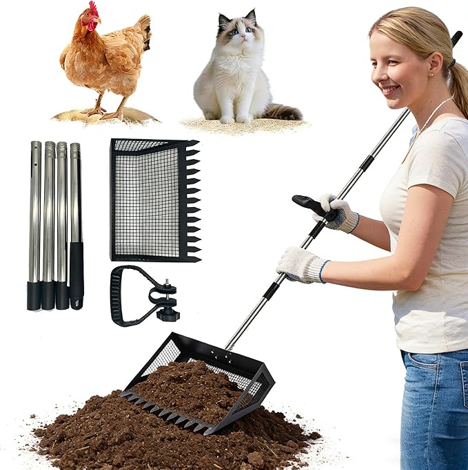 Funvalley Surperfect Chicken Poop Scooper & Rake 2-in-1,Long Handle Sifting Scoop for Coop Cleaning, Chicken Coop Cleaning Tool for Sand, Bedding & Poultry Habitat Supplies
