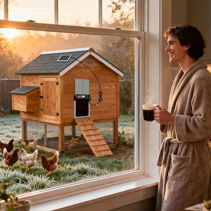 Extra Large Automatic Chicken Coop Door Solar Powered, 16'' x 12'' Aluminum Auto Chicken Coop Door with Timer, Remote, Anti-Pinch, Weatherproof for Chickens, Ducks & Geese