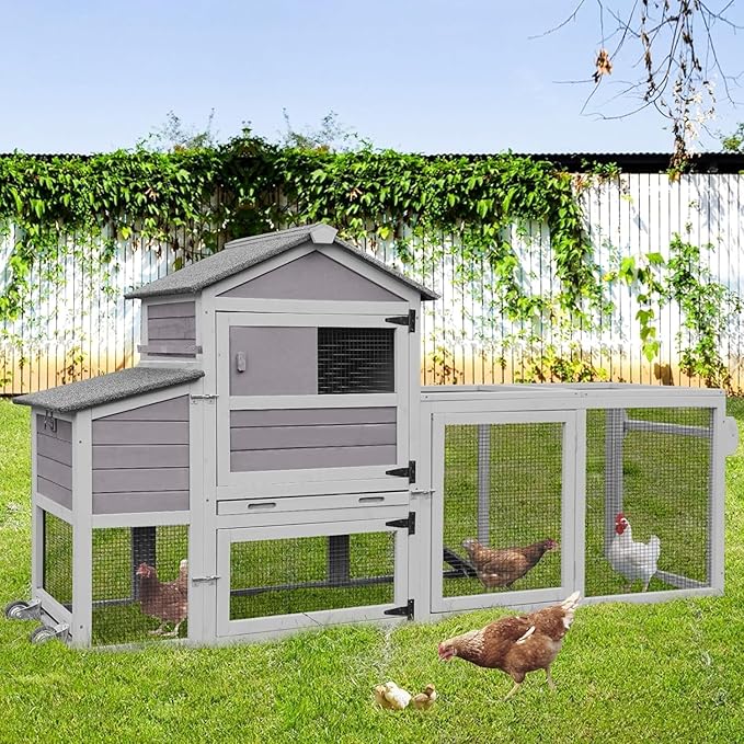 Chicken Coop for 2-4 Chickens, Mobile Chicken House for Outdoor with Wheels, Nesting Box, Leakproof Pull-on Tray and UV-Resistant Roof Panel, Wooden Chicken Coop for Duck