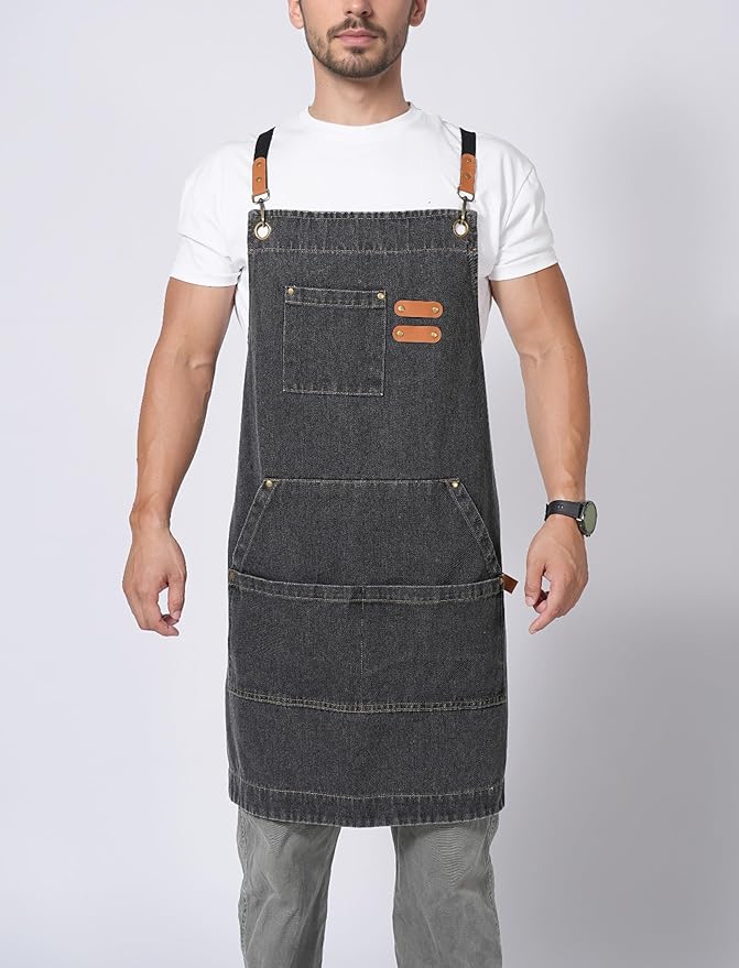 Denim Bbq Apron for Men Women with Pockets Adjustable Cross Back Chef Aprons for Kitchen Cooking Grilling Working