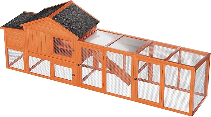 113.5" Large Wooden Chicken Coop Outdoor Hen House with Run, Waterproof Roof & Nesting Box, Secure Lock, Removable Tray, Ramp & Perch for 2–4 Chickens or Small Pets