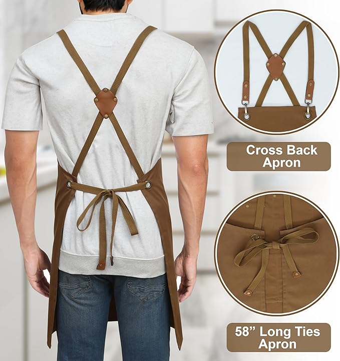 RUVANTI Work Apron for Men, Oil & Water Repellent, Poly Cotton Cross Back Aprons for Women with Pockets, Adjustable up to XXL