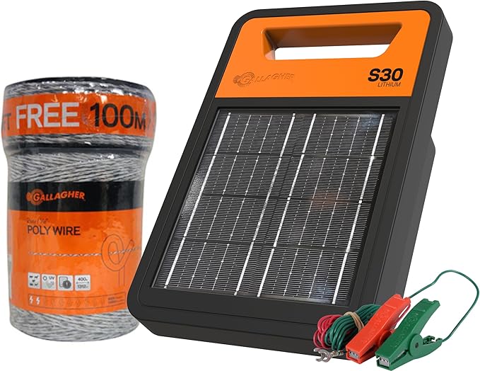 Gallagher S30 Solar Electric Fence Charger with 1,640 Ft Poly Wire | Complete Electric Fencing Kit for Livestock, Small Pastures, and Predator Control | Solar Powered Energizer with Bonus Polywire Rol
