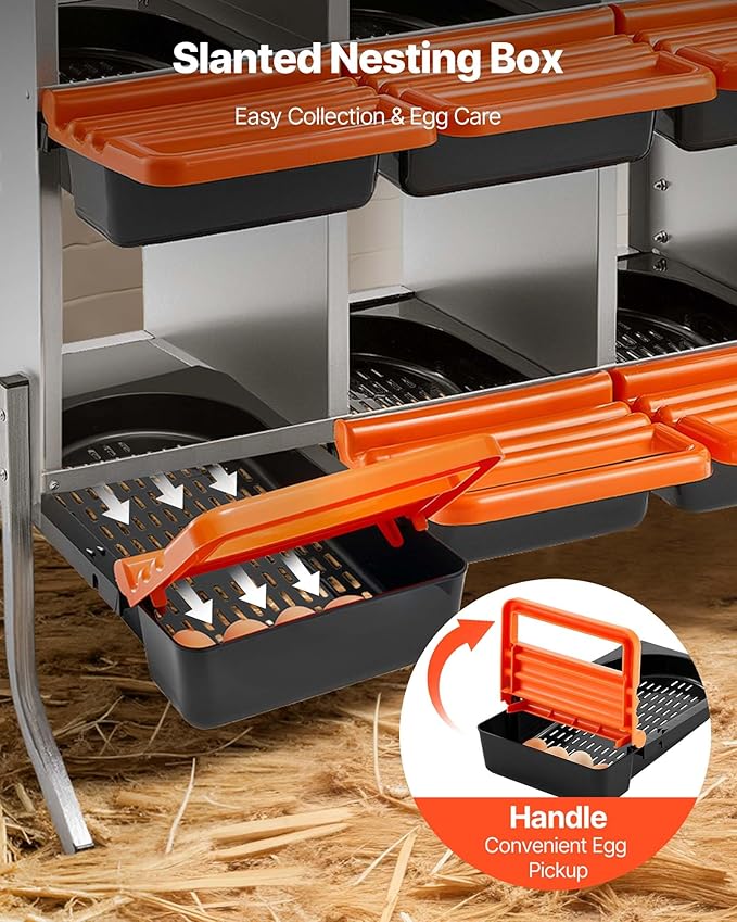 VEVOR Chicken Nesting Boxes, 10 Compartments, with Support Legs, Easy Egg Collection, Galvanized Steel and High-Strength Plastic, Roll Away Nesting Boxes for Chickens and Hens Laying Eggs, Orange