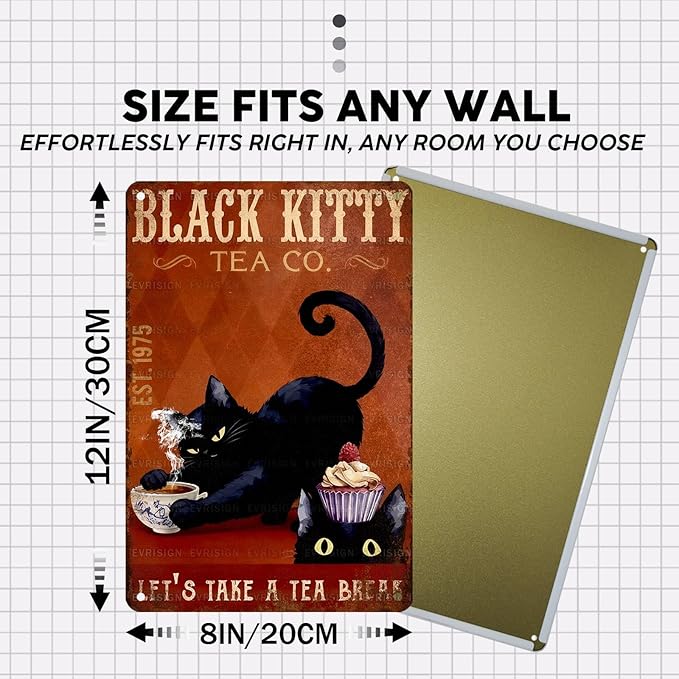 Vintage Black Cat Tin Sign Let's Take A Tea Break Retro Metal Sign Funny Cat Lovers Nostalgic Wall Decor Decorations for Home Office Cafe Shop Kitchen Bar Living Room Bedroom 12 * 8In