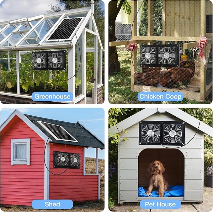 Solar 2 Fan Kit, Waterproofed Solar Powered Fans for Outdoor Chicken Coop, Greenhouse & Shed Intake or Exhaust Air