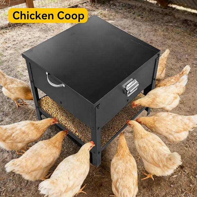 Large Metal Chicken Feeder, 80 LBS Heavy Duty Poultry Feeder Box with Waterproof Lid, No Waste Design for Hens, Roosters, Ducks, Suitable for Chicken Coops and Outdoor Use