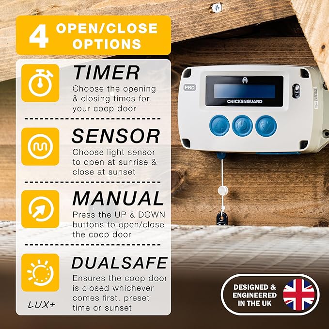 ChickenGuard Automatic Chicken Coop Door Opener, Power by Solar/Batteries/Electric. Strong Motor Lifts 2kg; Timer/Light Sensing; Motor Units only or Combination Kits (PRO + Batteries)
