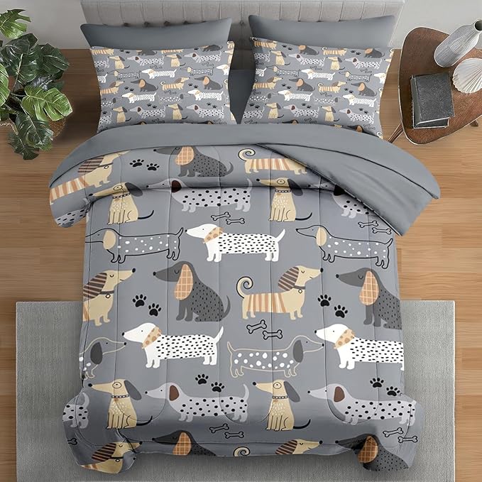 Comforter Set King Size, Cute Dog 7 Pcs Bedding for Kids and Adults, Animal Nursery Pet Bed Sheet Sets with Fitted Sheet 2 Pillowcases & 2 Shams for Bedroom Bed Decor