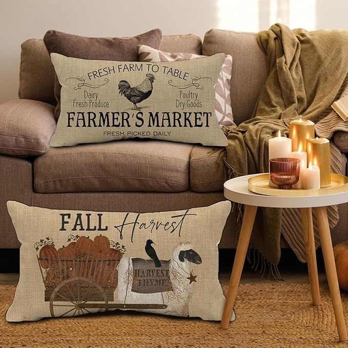 Thanksgiving Day Harvest Throw Pillow Covers 12x20 inch Vintage Farmhouse Sheep and Pumpkin Lumbar Pillow Decor Cushion Case for Home Couch Pillowcase