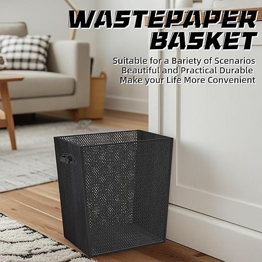 6 Gallon Black Wooden Trash Can - Rustic Office Waste Paper Basket - Decorative Garbage Bin for Bedroom, Bathroom, Kitchen, Living Room