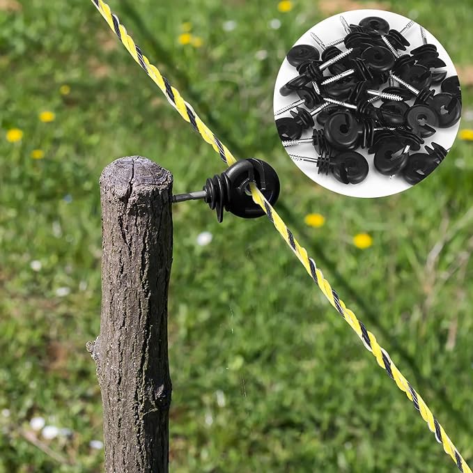 Kanayu 52 Pcs Electric Fence Kit Include 1640 ft Poly Wire 25 Black Fence Ring Insulators 25 Yellow T Post Insulators Socket Tool for Pet Animal Horse Cattle Livestock Pasture
