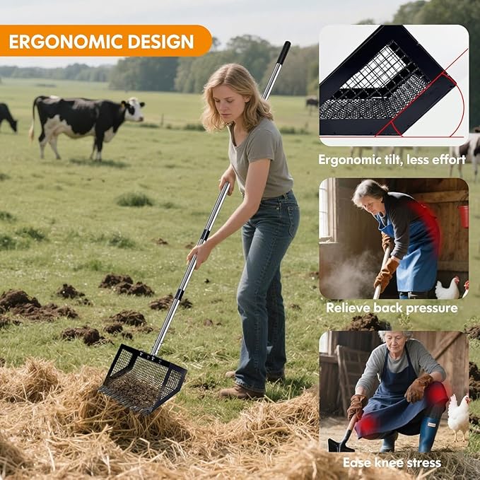 Chicken Coop Scoop (22 to 75") Chicken Coop Rake and Scoop with Grip 5 Section Extra Long Handle Chicken Pooper Scooper for Sand Metal Chicken Cleaning Tools Livestock Rake(10Inch Black)