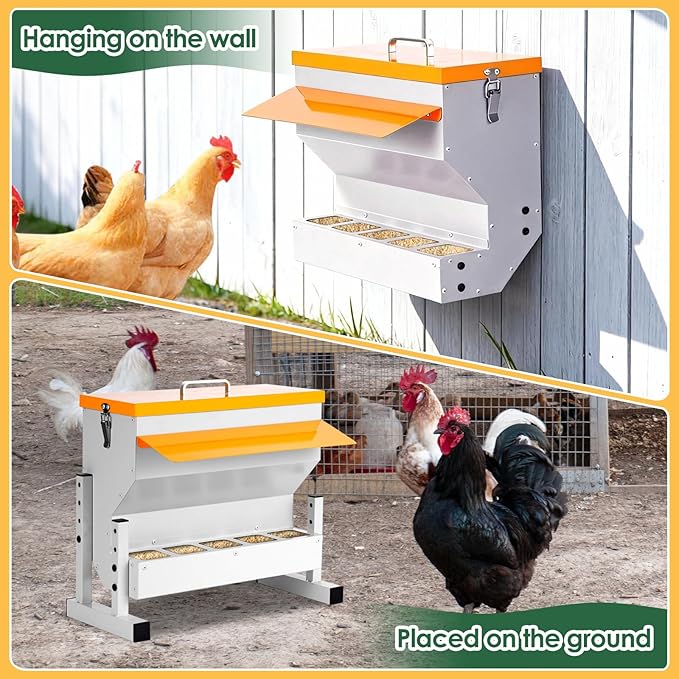 Automatic Chicken Feeder 20LB no Waste Metal Duck Feeder with 5 Chicken Feeders Trough Port Wall Mount Large Hanging Poultry Feeder Dispenser with Lid Legs for Outside Chickens Coop Quail Galvanized