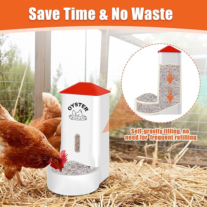 2 Pack Chicken Grit and Oyster Shell Feeder, Automatic PVC Chicken Feeder with Visual Window and Lid, Hanging Chicken Feeder for Strong Eggs Healthier Poultry