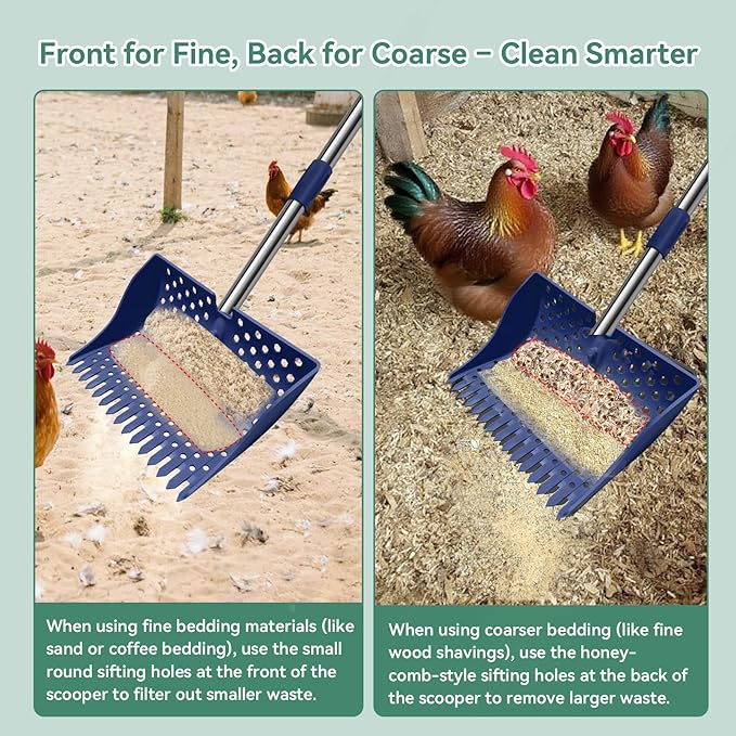 US Patent Pending 12-Inch 2-in-1 Chicken Poop Scooper & Rake,3-Shape Sifting Holes Chicken Coop Rake，Stainless Steel Handle （20–61"）– Litter Scooper & Sand Sifting Shovel for Chicken Coops（Blue）
