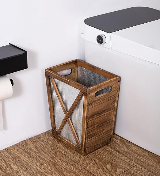 Small Wood Trash Can Wastebasket, Decorative Barn Door Garbage Can Waste Basket, Rustic Distressed Rectangular Trash Bin, Farmhouse Wooden Storage Basket Waste Paper Bin (Brown)
