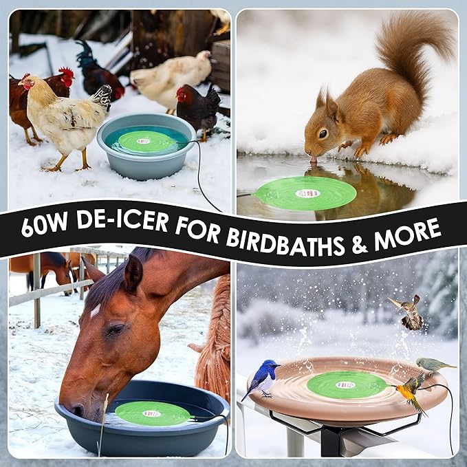 Dreyoo 60W Bird Bath Heater, Submersible De Icer for Outdoor Winter Use, Thermostatic Control, IP65 Waterproof, Chicken Water Heater for Birds, Poultry, Livestock, Wildlife Drinking (2 Pack)