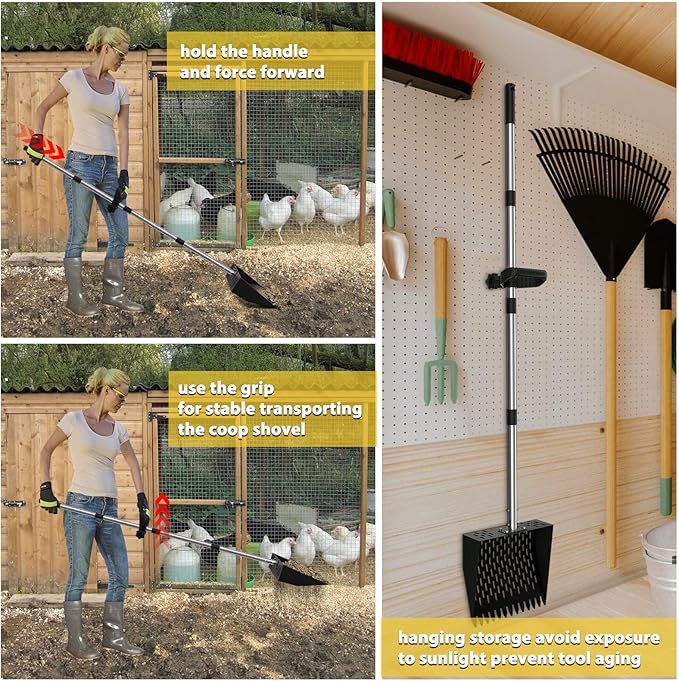 Chicken Poop Scooper - 2-in-1 Chicken Coop Scoop & Rake,65inch Adjustable Long Handle Chicken Scooper for Poop with Grip, Sifting Litter Shovel Scoop for Chicken Coop,Goat Stall and Stable Cleaning