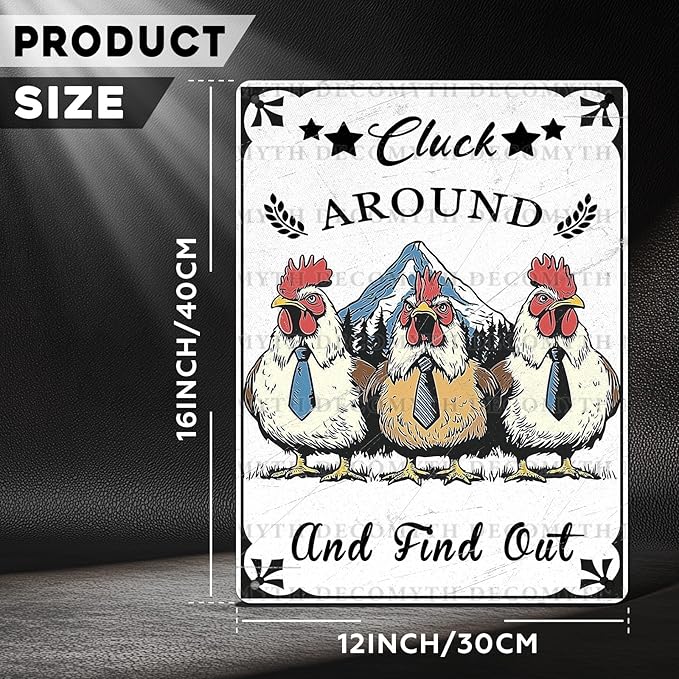 Vintage Chicken Coop Tin Sign Chicken Cluck Around And Find Out Retro Rooster Metal Poster Funny Pet Lovers Wall Art Decorations for Bar Farmhouse Garden Plaque 12 * 16inch