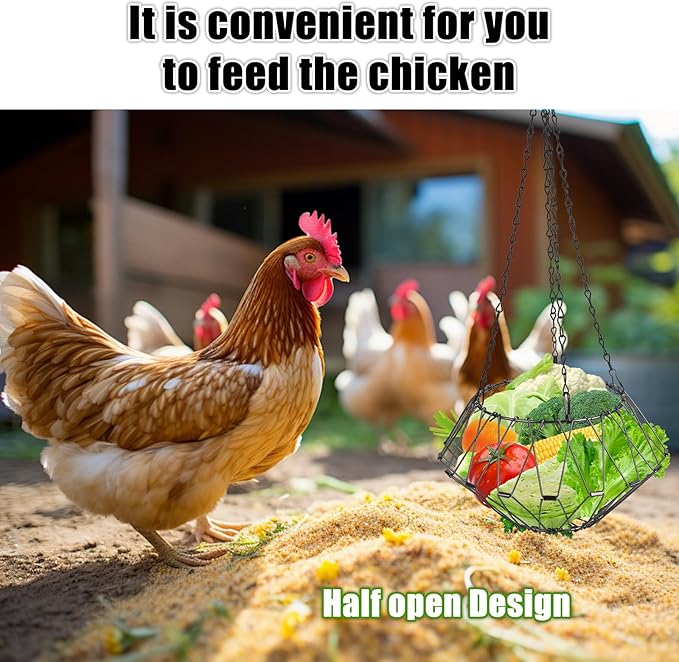 Hanging Chicken Feeder, Foldable Chicken Vegetable and Fruit Food Dispenser, Poultry Feeding Basket with 4 Hanging Chains, Poultry Feeding Vegetable Fast Food Ball (2 Pack)