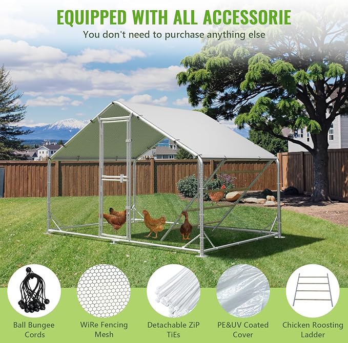 Large Metal Chicken Coop, 10x6.5x6.5FT Chicken Runs for Yard with Cover and Roosting Perch, Split Doors Walk in Chicken Coop