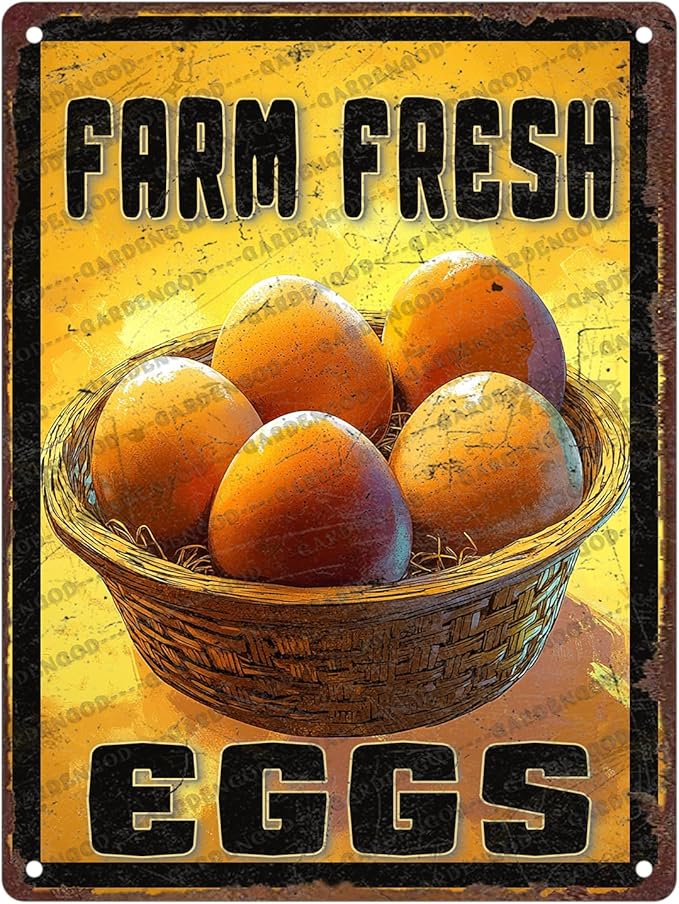 Vintage Farm Chicken Metal Sign Fresh Eggs Metal Poster Home Bathroom Kitchen Farmhouse Garden Coffee Retro Aluminium Sign Art Wall Decor Plaque 16x12 Inch