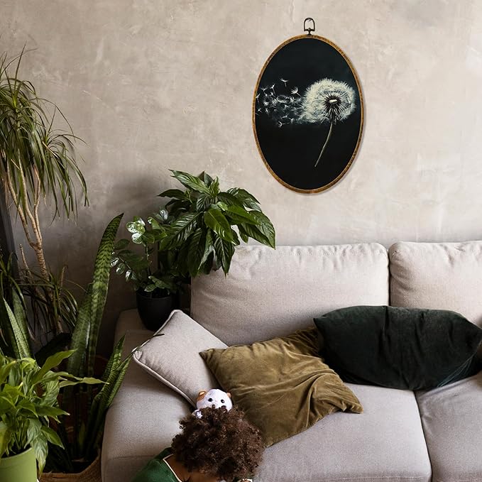 Hiuwevt Dandelion Oval Wall Art Decor, White Flower Modern Rustic Framed Canvas Prints, Dandelion Farmhouse Wildflower Oval Wall Hanging Decor for Bedroom Home Decorations, 8.6x11.4 Inches
