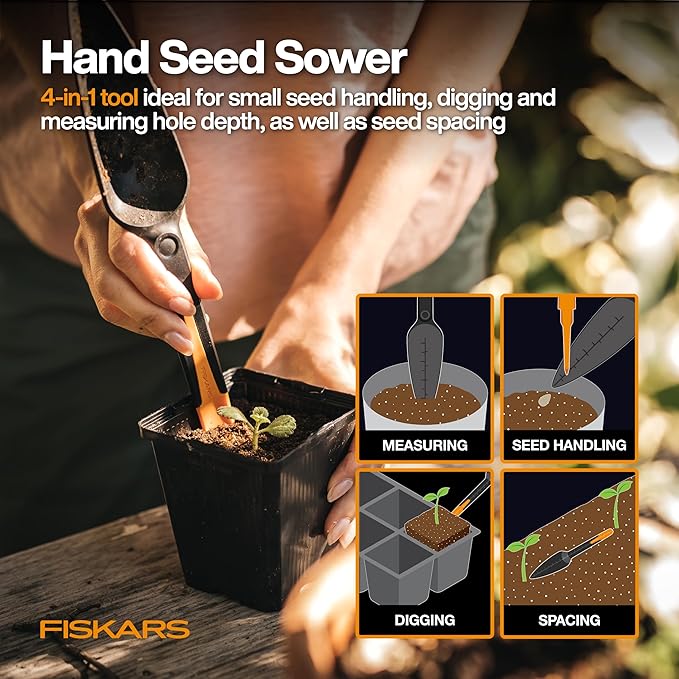 Fiskars Vegetable Gardening Essentials 6-Piece Tool Set for Cultivating, Serrated Stainless Steel Shears & 4-in-1 Seed Sower for Planting, Rust-Resistant Steel Trowel, Cultivator, Weeder, L/XL Gloves