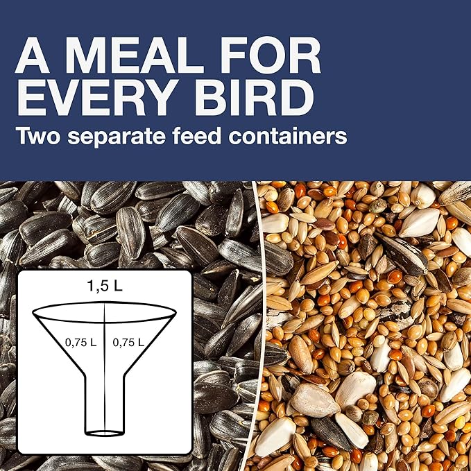 SWISSINNO Bird Feeders - No Mess Hanging Bird Feeder for Outdoors - Smart Birds Davos Spill Proof Wild Cardinal & Small Bird Feeder with Integrated Seed Catcher Tray - Dual Chamber - Indigo
