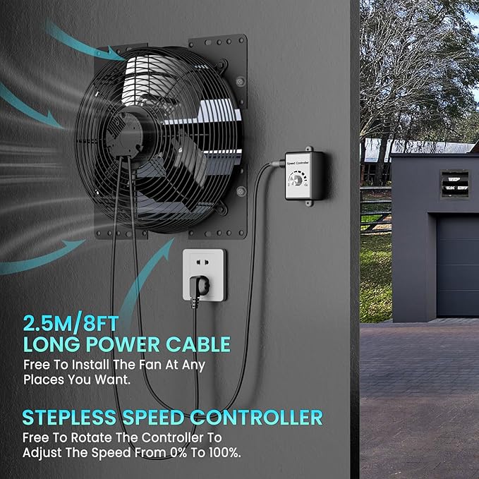 HG Power 12 Inch Attic Fan with Speed Controller, 971 CFM Shutter Exhaust Fan with EC Motor, Wall Mounted Greenhouse Fan for Shed, Basement, Gable, Chicken Coop Ventilation Use, Black