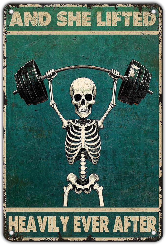 Funny Skull Gym Metal Signs Skeleton And She Lifted Heavily Ever After Tin Sign Weightlifting Fitness Gym Wall Decor Home Kitchen Garden Bar Coffee Restaurant Bathroom Art Workout Room Decor 8x12 Inch