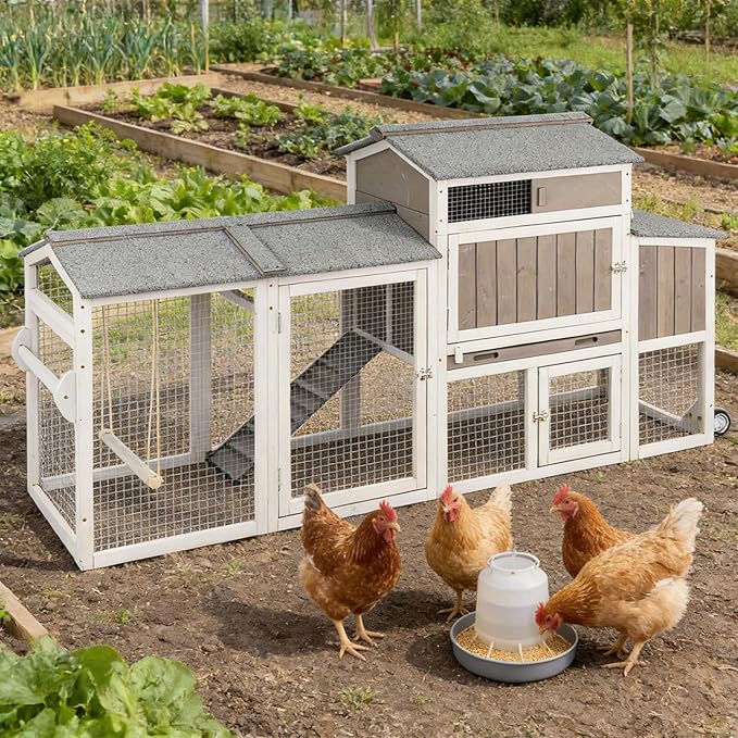 Chicken Coop Mobile Wooden Hen House with Nesting Box,83.2" L Outdoor Chicken House with 2 Wheels and Removable Tray,Fir Wood Chicken Tractor with 6 Ventilation Door and 1 Ramp,Grey