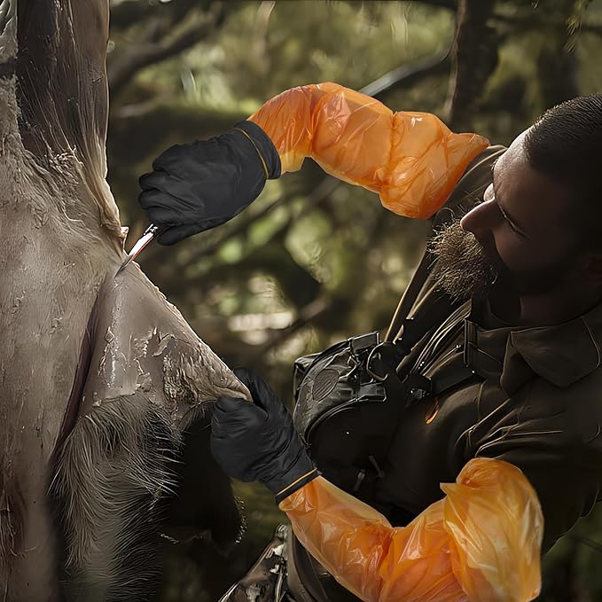 50 Pairs Field Dressing Gloves Disposable Deer Gutting Mittens Hunting Cleaning Gloves Combo with Long Arm Glove and Short Nitrile Glove for Hunting Cleaning Accessories