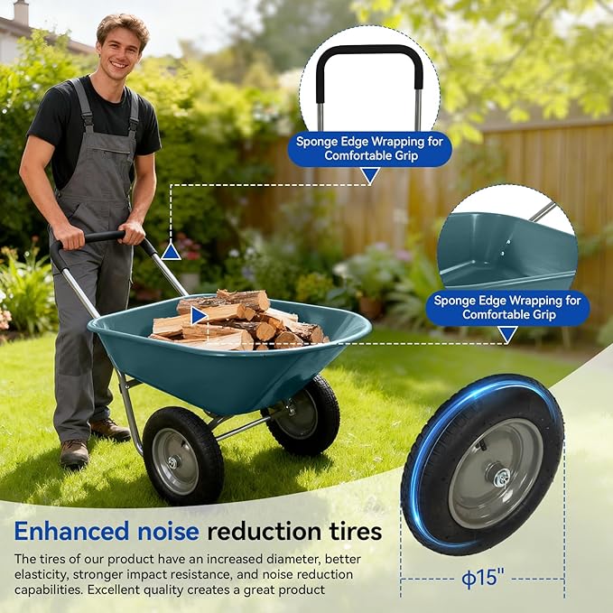 Dual Wheel Garden Wheelbarrow,Heavy Duty Yard Cart with 10“/15" Pneumatic Tires, Rustproof Poly Tray & Steel Handle, 300 lbs Capacity Utility Cart for Lawn, Farm, and Landscaping (Green-15“)