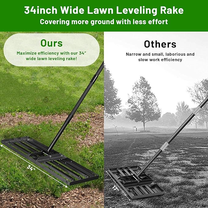 Lawn Leveling Rake 34"x10",Lawn Leveling Tool with 68" Long Adjustable Stainless Steel Handle for Leveling Soil,Grass,Sand or Dirt,Heavy Duty Lawn Leveler for Backyard,Garden,Golf Course,Farm,Pasture