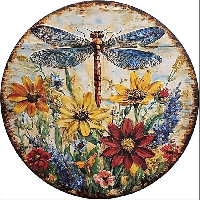 Round Tin Sign Dragonfly What A Wonderful World Flowers Metal Sign for Home Farm House Rustic Garden Yard Vintage Outdoor Outside Porch Wreath Wall Funny Decor 8 Inch