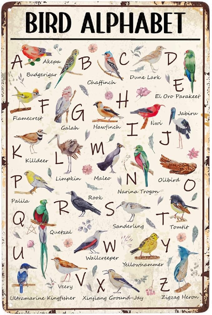 JOCASA Bird Alphabet Vintage Metal Poster Sign Decor-Retro Aluminum Metal Tin Sign for Home Wall Decor, Garden, Bedroom, Signs Gift,12''x 8''