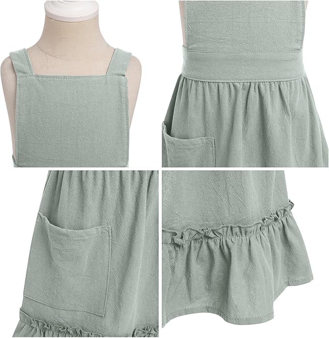 IWEMEK Kids Aprons for Girls Cooking Child Cotton Linen Apron Dress with Pockets Art Baking Gardening Painting Apron Pinafore