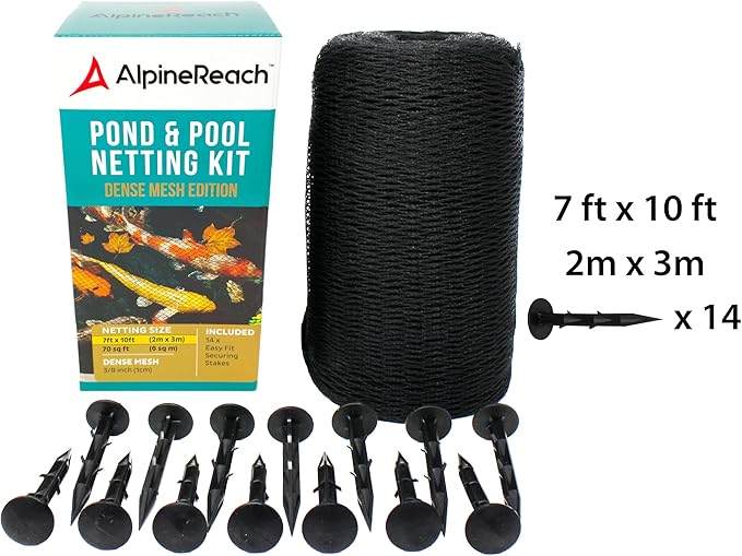 AlpineReach Koi Pond Netting Kit 7 x 10 ft Black Heavy Duty Woven Fine Mesh Net Cover for Leaves - Protects Koi Fish from Blue Heron Birds, Cats & Predators – Reusable & Stakes Included