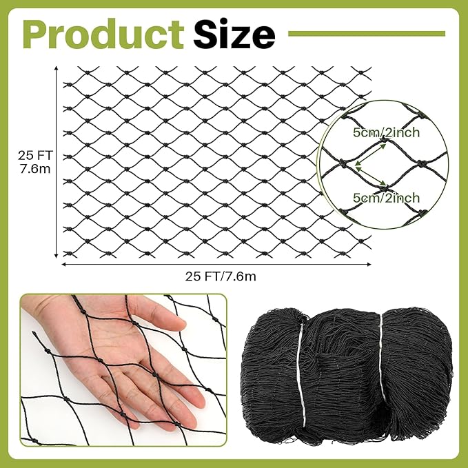 25 x 25 ft Aviary Bird Netting Chicken Netting Commercial Grade Heavy Duty Knotted 2 inch Mesh for Chicken Coops Poultry Blueberries Fruit Trees Net Aviary Gamefowl Garden