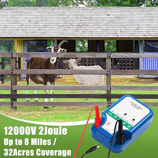Electric Fence Kit, 8 Mile 12kV 2J Electric Fence Charger AC/DC Powered with 50 Insulators, Socket Tool, 250ft Aluminum Wire for Livestock Control, Predators Deterrent(Classic Ver.,Blue)