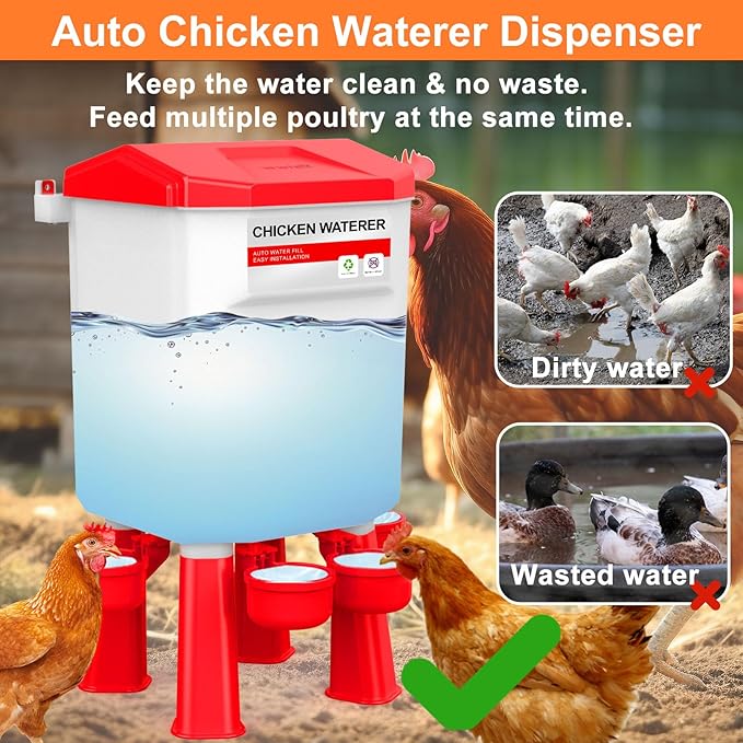 Hanging Automatic Chicken Waterer, Plastic Chicken Water Poultry Drinker, Detachable Legs, Poultry Water, Fresh Water for Chicken, Goose, Duck (Light Red, 2 Gallon)