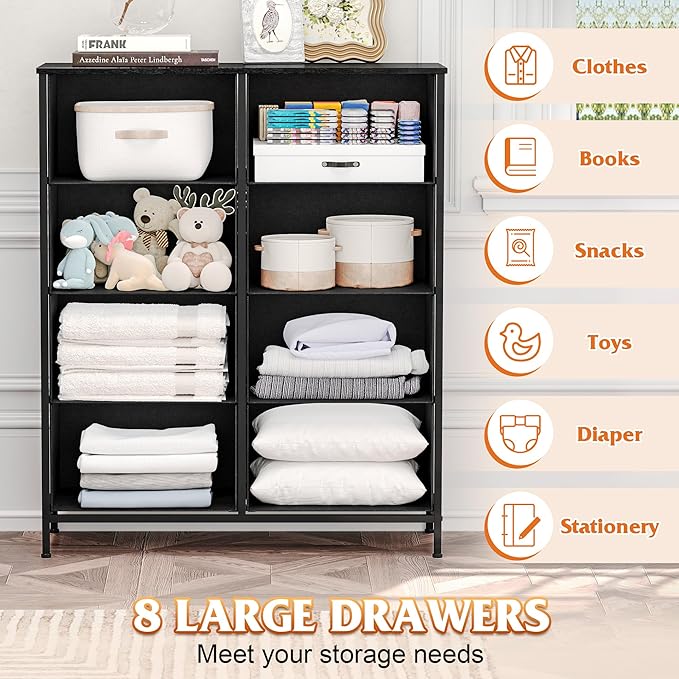 WelFurGeer 8 Drawer Fabric Dresser with Sturdy Metal Frame, Tall Dresser with Fabric Bins, Storage Chest of Drawers for Bedroom, Closet, Kids Room Organization, Black