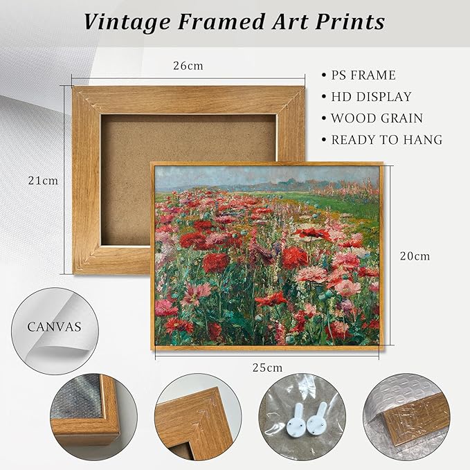 Farmhouse Flower Artwork Framed Red Wildflower Painting Vintage Flower Pictures Blooming Flowers Poster Nature Wildflower Wall Art Farmhouse Botanical Artwork Rustic Floral Paintings 8x10inch Framed