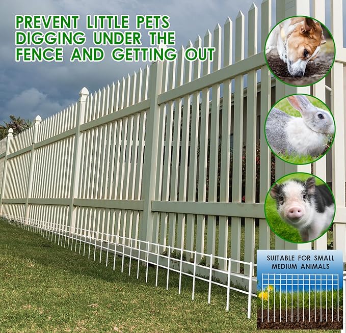 24x15-inch No Dig Animal Barrier Fence, 10 Pack White Dig Protective Fence with 1.5 inch Spike spacing, Dog/Rabbit/Groundhog Underground Defence, for Outdoor Garden Patio