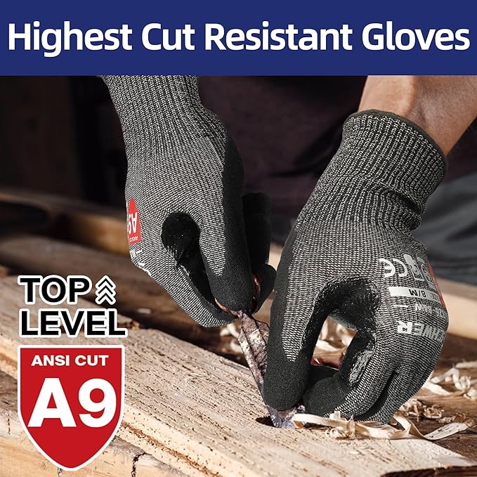 Schwer 12 Pairs ProGuard High Level Cut Resistant Work Gloves PR3326 for Extreme Protection，ANSI A9 Cut Gloves with Reinforced Thumb, Non Slip, Breathable, Durable, Touch-screen, Black (XL