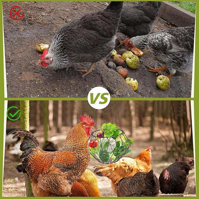 Hanging Chicken Feeder Accessories, Foldable 6.5Inch Large Poultry Vegetable Fruits Feeder Basket with 4pcs Hanging Chain, Veggie Treat Ball Boredom Toys for Chicken/Hens/Duck/Rabbits' Coop