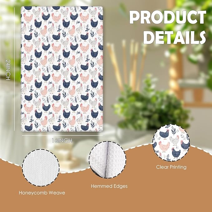 Rustic Chicken Kitchen Towels, Chicken Lover Mom Lady Gifts Decorative Dish Tea Towels for Kitchen, Cottagecore Farm Animal Hens Hand Towels for Bathroom, 16x24 Inches