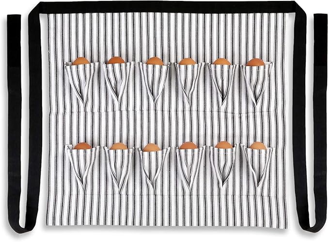 Cackleberry Home Egg Collecting & Gathering Apron 12 Pockets, Black and White Ticking Stripe